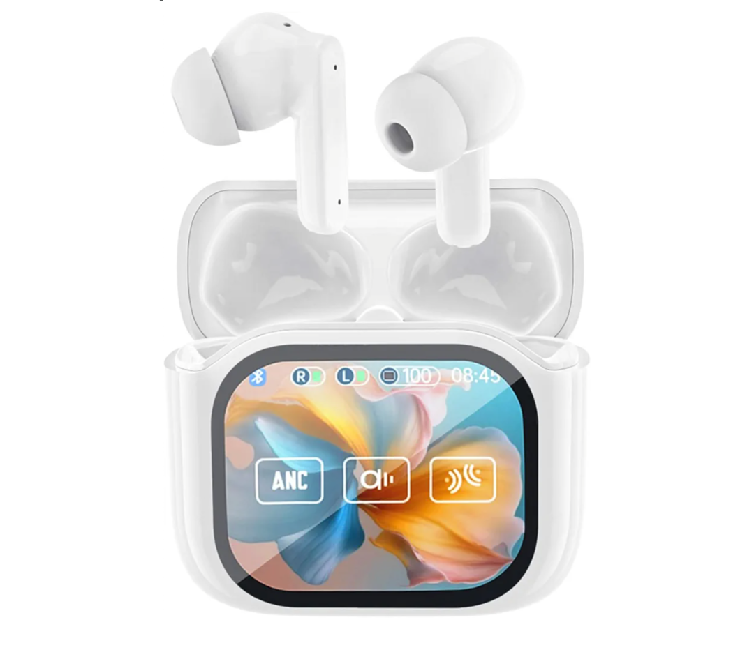 Wireless Touchscreen Earbuds with Smart Touch Screen Case - TWS True Wireless Bluetooth 5.4 Headphones - ANC Active Noise Cancelling - Blue Tooth Earphones for iPhone Android