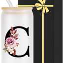 Monogrammed Glass Drinking Cup With Lid Straw Girlfriend Gf Future Mrs for Her Women Boyfriend 1 One Year Anniversary Meaningful Cute Romantic Christmas Xmas First Valentines I Love You More Gifts,C