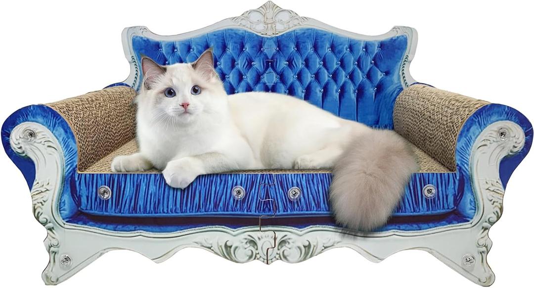 Luxury Cardboard Cat Scratcher Sofa Bed, Couch Shaped Cat Scratching Board, Cat Scratch Lounge with Catnip, Cat Scratcher for Indoor Cats (Blue Crown)