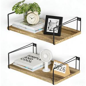 SRIWATANA Wide Floating Shelves, Rustic Wood Wall Shelves Set of 2, Wall Mounted Shelves with Large Capacity for Many Rooms Decor, Carbonized Black