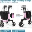 3 Wheel Walkers for Seniors, Foldable Rollator Walker with Tray & Large Storage Bag, 10" Big Wheel for All Terrain, 350 lb Weight Capacity, Pink