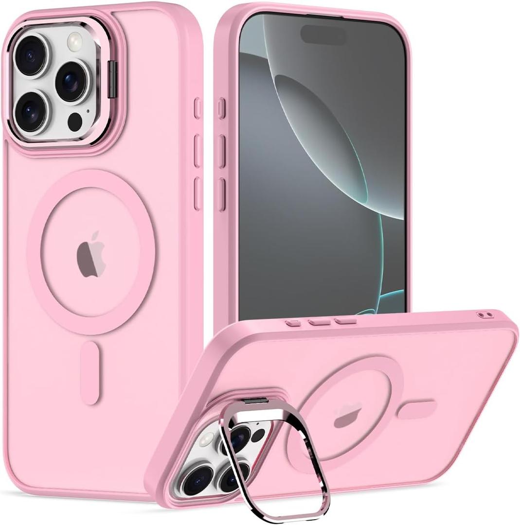 Nvollnoe for iPhone 16 Pro Max Case Compatible with MagSafe,Military Grade Shockproof Heavy Duty Protective Adjustable Kickstand Matte Semi Clear Phone Case for iPhone 16 Pro Max(Pink)