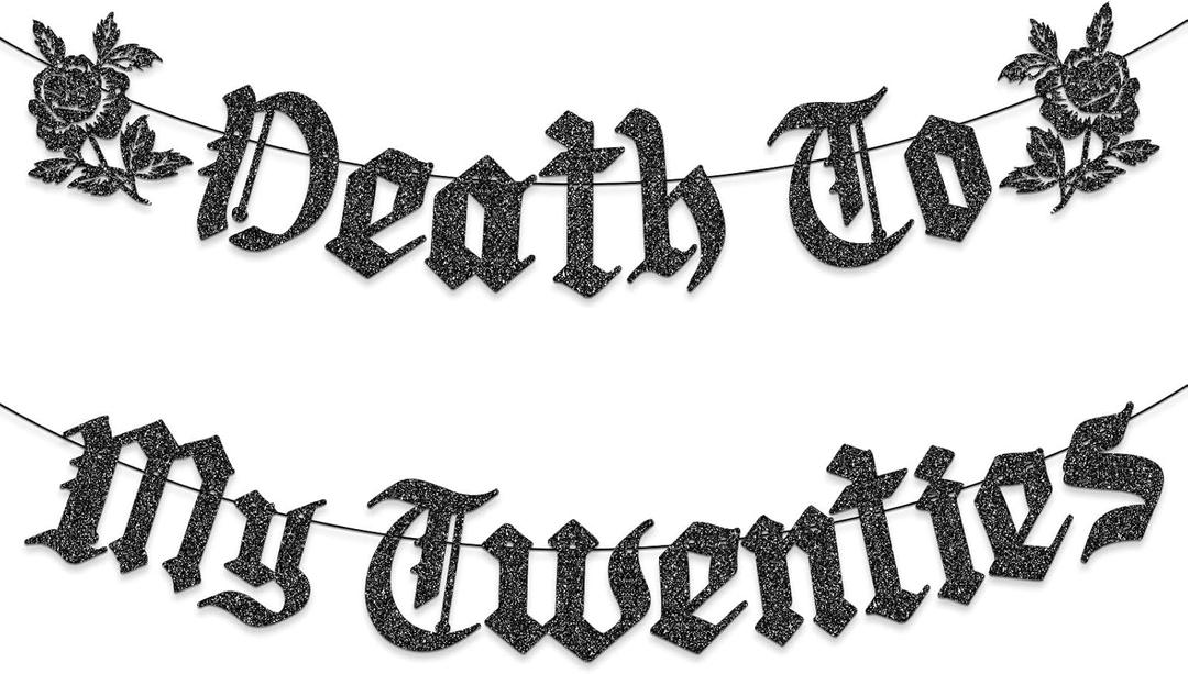 Breling Pre-strung Death to My 20s Birthday Decorations for Women Men Glitter 30th Birthday Party Banner Gothic Rip to My 20s 30s Black Twenties Garland Sign for 30th Birth Halloween Party Supplies