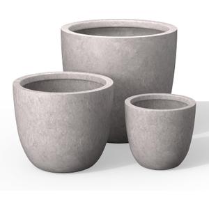Kante 18",14",10" Dia Concrete Round Planters (Set of 3), Outdoor Indoor Large Planter Pots with Drainage Hole and Rubber Plug for Home Patio Garden, Light Gray