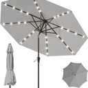 9FT Patio Umbrella with Solar Lights,Outdoor Market Umbrella with Tilt and Crank, LED Lighted Table Umbrella for Garden,Deck,Backyard,Pool,Beach (Light Gray)