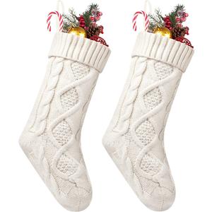 Fesciory 2 Pack Christmas Stockings 18 Inches Large Size Cable Knitted Stocking Gifts & Decorations for Family Holiday Xmas Party, Ivory White