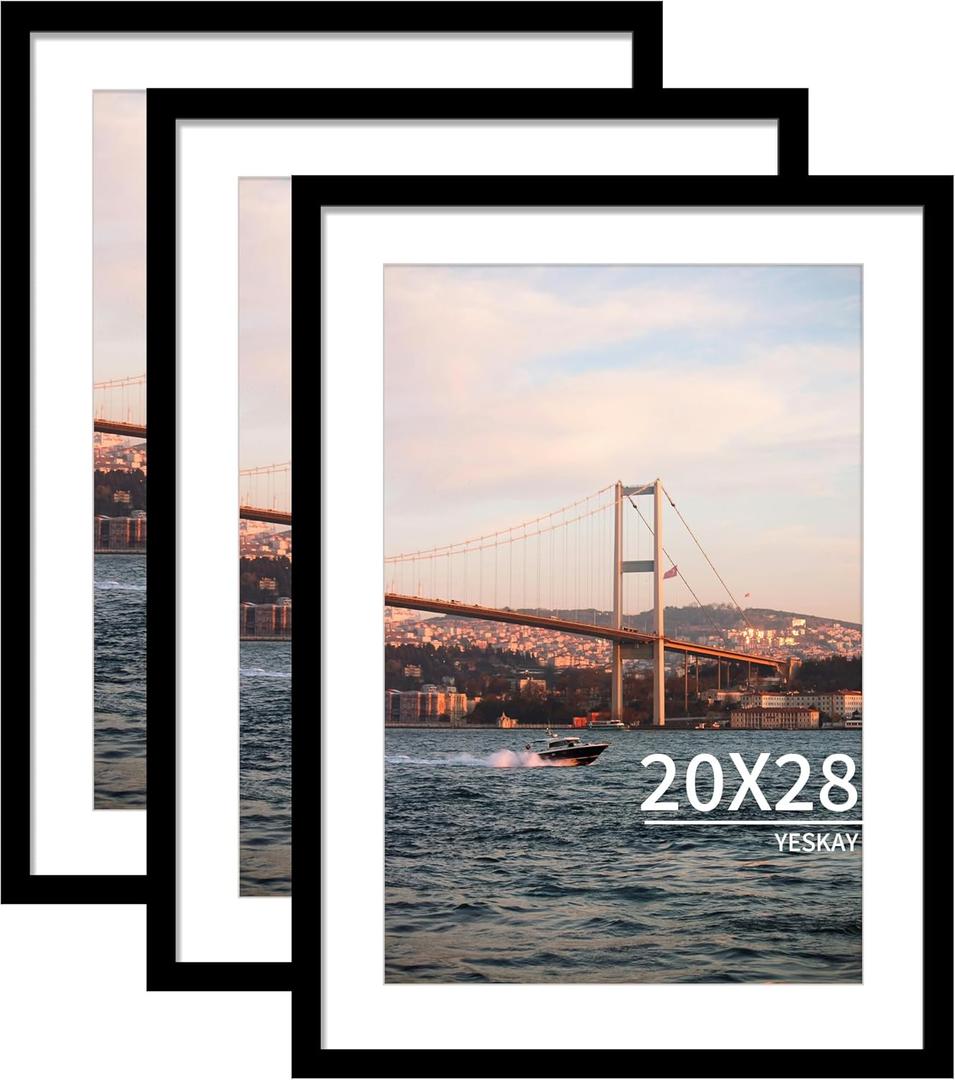 YESKAY 20x28 Picture Frame Black Set of 3, Display Pictures 16x24 with Mat or 20 x 28 Without Mat, Poster Frames 20x28 for Wall Hanging Horizontal and Vertical