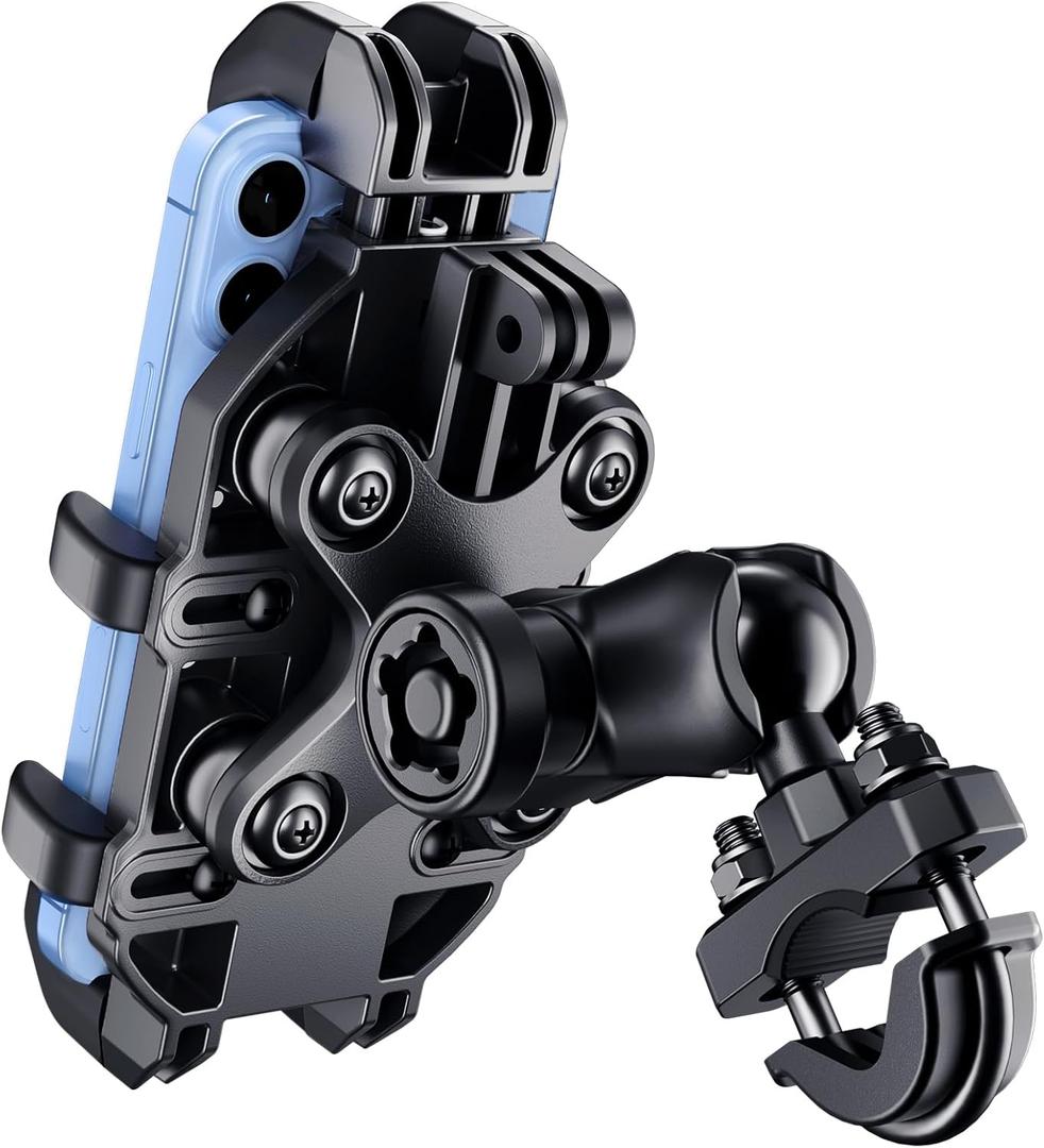 Motorcycle Phone Mount Holder with Vibration Dampener Anti-Shake 720 Adjustable for iPhone 16 Pro Max for Samsung 5.4''-6.9'' Phone Anti-Theft Dirt Bikes(U Shape Base 0.6-1.1" Handlebar)