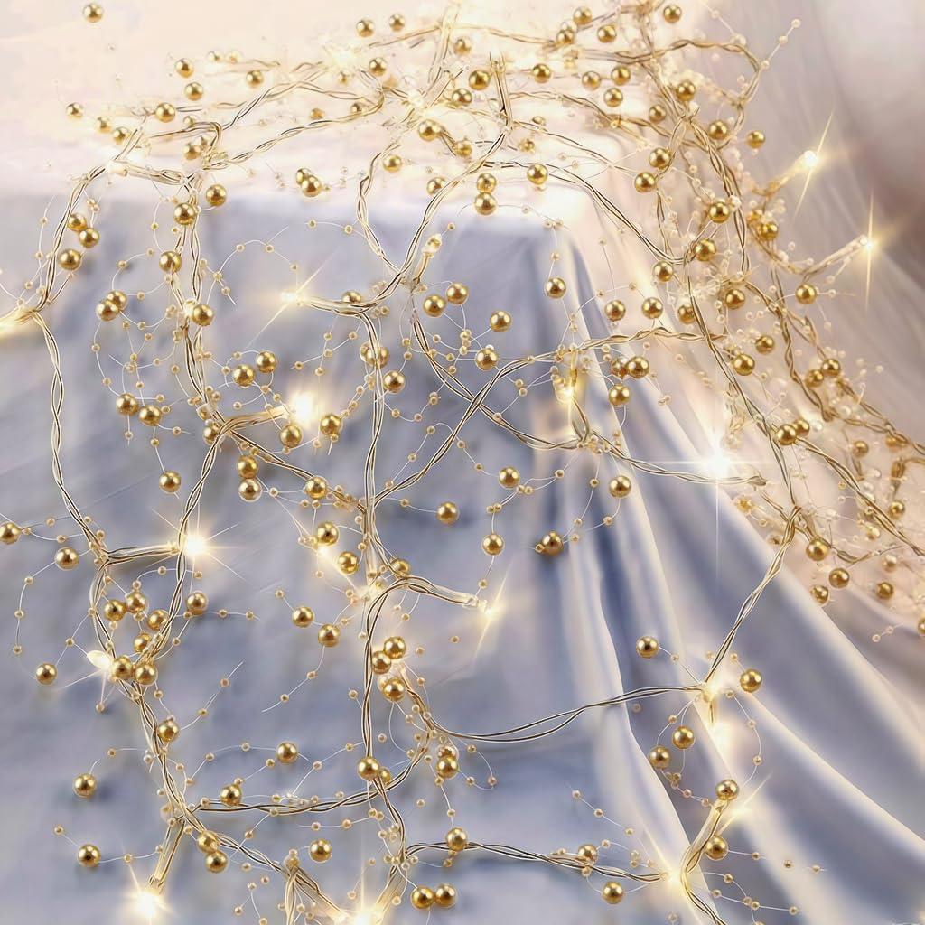 OVV Christmas Decorations 13FT Pearl Garland String Lights 40LED Festive Lighted Berry Beaded Indoor Bedroom Decor Warm Lights for Wedding Valentine's Day Party Battery Operated (Golden)