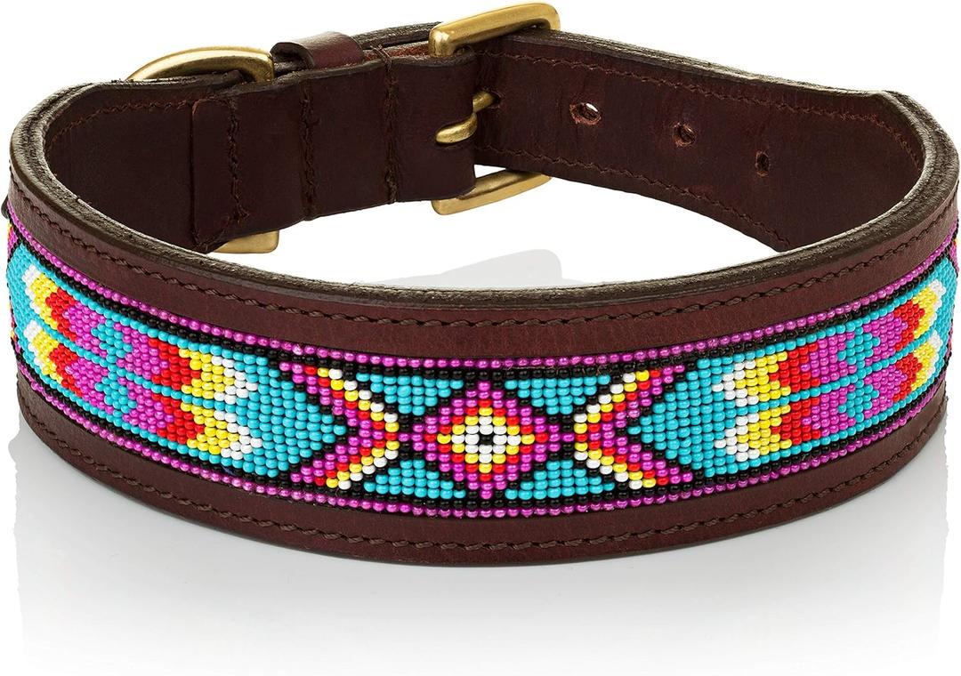 Handmade Aztec Beaded Leather Dog Collar  Genuine Leather, Tribal Design, Adjustable Buckle  for Medium & Large Dogs  Western Style, Durable & Stylish Pet Accessory (Brown, XLarge (21-25 Inch))