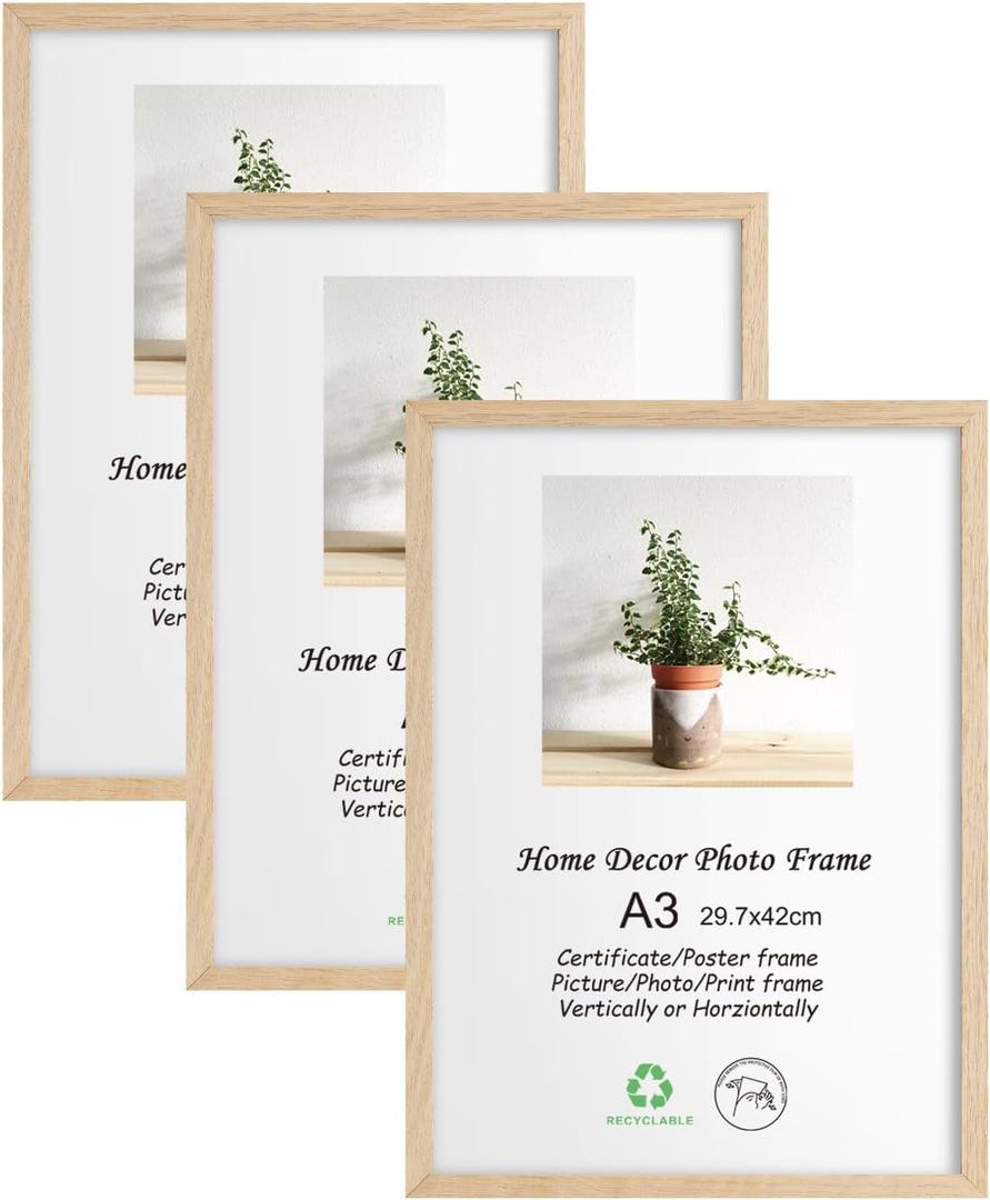 LYYYXGYP A3 Oak Wood Picture Frame 3 Pack 11.7x16.5 IN Natural Wooden Photo Frame Gallery Poster Frame with Plexiglass for Wall Hanging