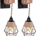 Hanging Lights with Plug in Cord Set of Two, Farmhouse Hanging Lamps Hand Woven Rattan Wall Sconce with Wood Arm Hemp Rope Cord, Boho Wall Sconce for Bedroom Living Room (Wiring Fixed Type)