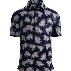 Alex Vando Mens Golf Shirt Moisture Wicking Quick-Dry Print Performance Polo Shirts for Men (Large, White Palm Leaves)