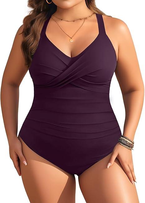 Aqua Eve Plus Size One Piece Swimsuit - Women's Tummy Control Bathing Suit Retro Full Coverage Swimwear 2025 XXL Purple