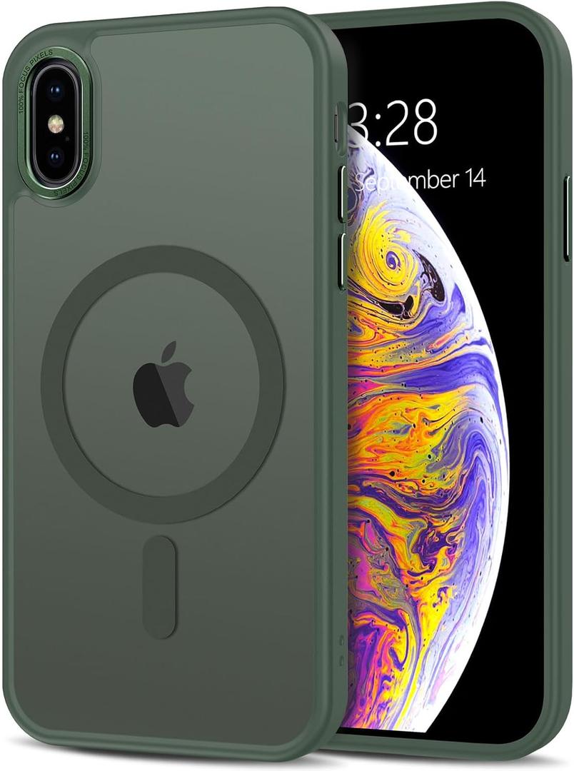 Anuck for iPhone X Case, for iPhone Xs Case Magnetic Phone Case Compatible with MagSafe,Soft TPU Bumper Hard Translucent Matte Back Slim Fit Shockproof Protective Cover for Men Women Girls-Dark Green