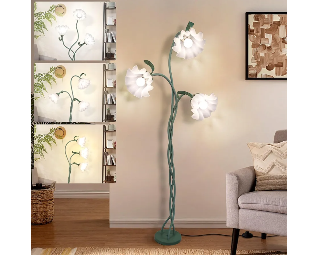 Vintage Flower Floor Lamp for Girls' Bedroom, Cute 3 Heads Floor Reading Light with Flexible Gooseneck, 3 Colors Modern Corner Standing Lamp with Lily for Living Room Office Home Decor, Bulbs Included