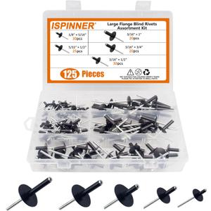 ISPINNER 125pcs Large Flange Aluminum Blind Rivets, Pop Rivets Assortment Kit (Black) ISPINNER 125pcs Large Flange Aluminum Blind Rivets, Pop Rivets Assortment Kit (Black)
