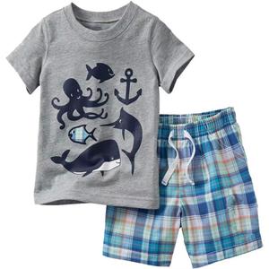 Toddler Boy Cotton Summer Short Sleeve T-Shirt and Short Set (Grey Fishes)
