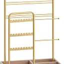 SONGMICS Jewelry Holder, Jewelry Organizer, Jewelry Display Stand with Metal Frame, Velvet Tray, Necklace Earring Bracelet Holder, for Studs, Rings, Gift Idea, Pale Gold UJJS021A01 (4.5"D x 7.7"W x 12.1"H)