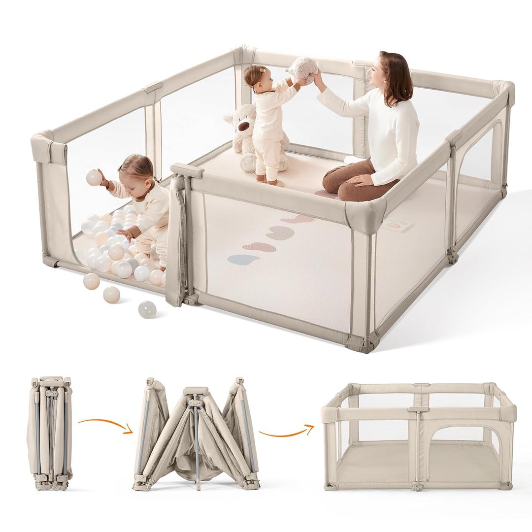 Sweeby Baby Playpen, 79x71 Inch Baby Gate Playpens for Babies and Toddlers, Extra Large Playpen with Door Play Yard for Fence Indoor and Outdoor Play Pen, Light Khaki
