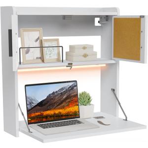 ARTETHYS Wall Mounted Desk with LED Light Multifunctional Fold Down Laptop Computer Table Writing Workstation with Storage Compartments Space Saving for Home Office