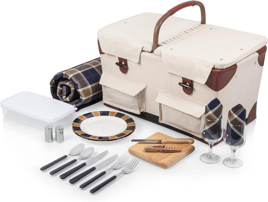 PICNIC TIME Pioneer Deluxe Picnic Basket, Romantic Vintage Wood-Framed Basket Covered in Canvas, Complete Deluxe Service for Two with Water-Resistant Bottom and Two Lids, (Beige Canvas)
