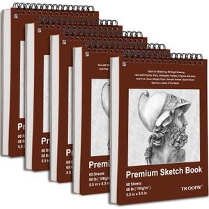 TKOOFN 5.5" x 8.5" Sketch Book, Pack of 5, 300 Sheet Top Spiral Bound Premium Sketchbook Drawing Pads(68lb/100gsm), Acid-Free Painting Paper for Adults Kids Artists Beginners