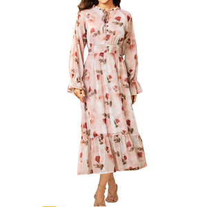 Sunny Spirit Women's Floral Boho Midi Dress 2025 Spring Fall Long Sleeve V Neck Chiffon A-Line Flowy Party Dresses, Large