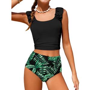Girls Tankini Swimsuit 2 Piece Bathing Suit Twist Cross Back Cutout Swim Tank Top Floral Print Swimwear for 13-14Y (Black)