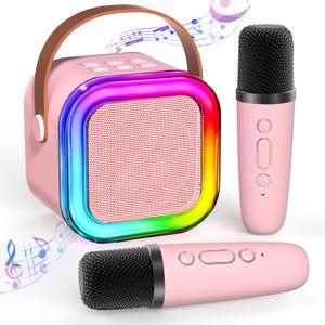 Mini Karaoke Machine for Kids Ages 2-12, Portable Wireless Karaoke Speaker with LED Party Lights & 2 Wireless Microphones, Perfect Birthday & Holiday Toys Gifts for Girls Boys（K12-Pink）