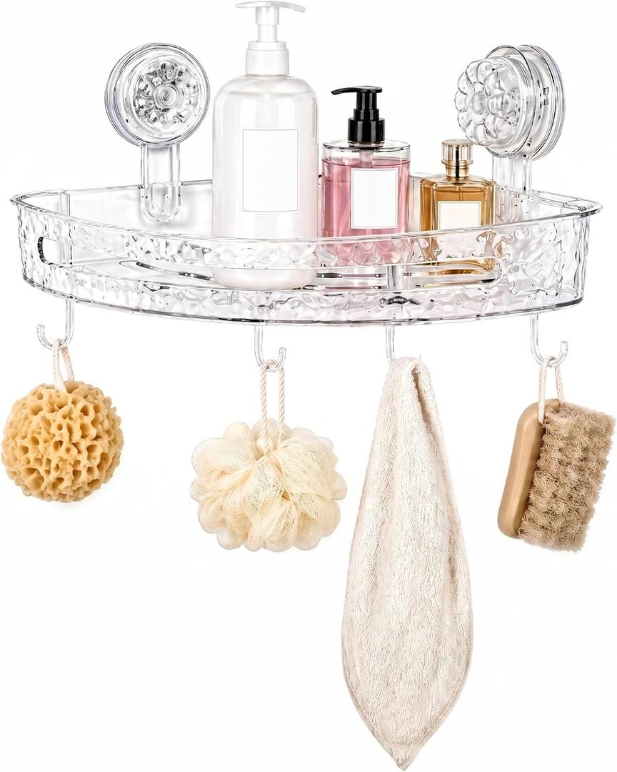 Corner Shower Caddy with Strong Suction Cups, No-Drill 90 Corner Shower Organizer with Hooks, Removable Wall Mounted Shelf for Tile, Glass & Metal (White/Clear)