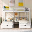 Merax Full Over Twin & Twin Bunk Bed for 3, Wooden Triple Bunk Bed with 2 Storage Drawers, Ladder and Guardrails, No Box Spring Needed, White