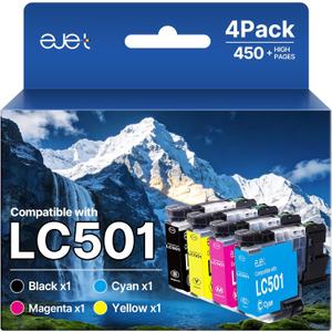 ejet LC501 Ink Cartridges LC501XL for Brother MFC-J1360DW Ink Cartridges Compatible with LC501 Ink Cartridges for Brother Printer MFC-J1360DW MFC-J1410DW MFC-J1260DW 4 Pack, Black Cyan Magenta Yellow