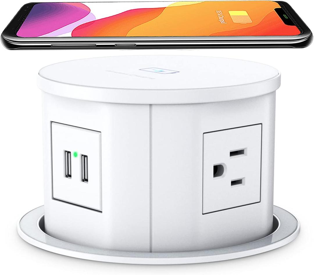 ANNQUAN Automatic Pop Up Countertop Outlet with 15W Wireless Charger,4 Outlets,2 USB Ports,4.75" Pop Up Electrical Outlet,Home Office Power Supply,Suit Kitchen Island RV Office Conference Table (White)