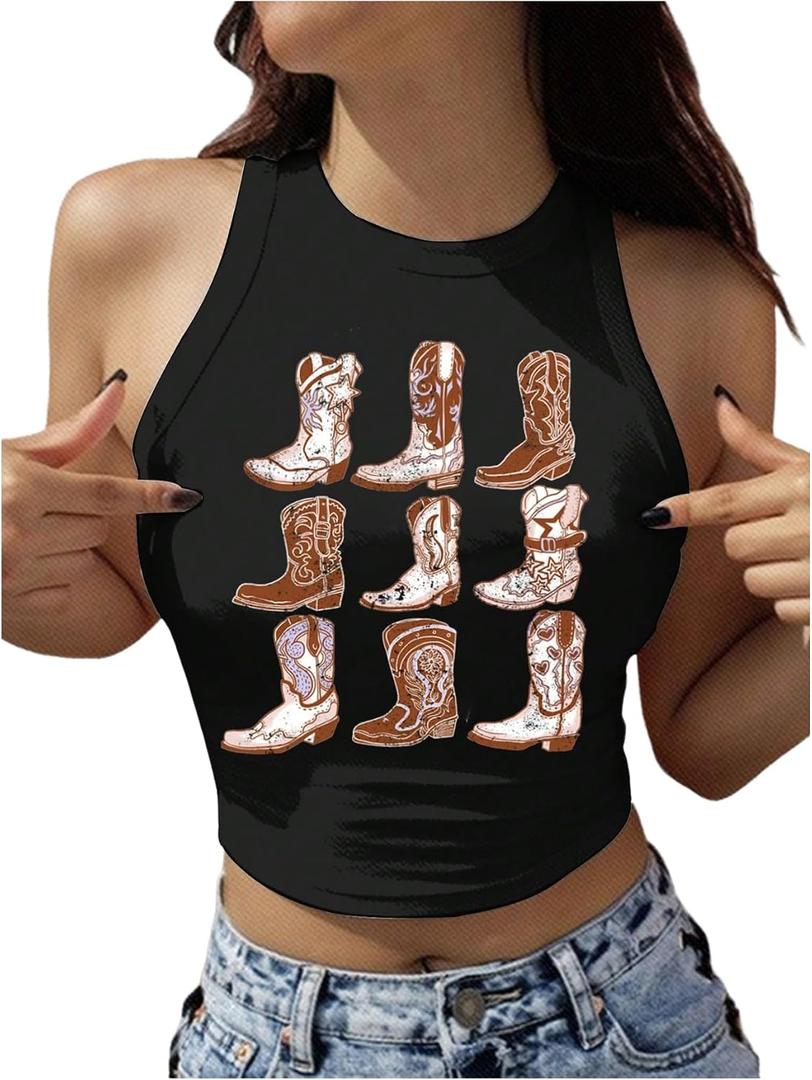 WDIRARA Women's Graphic Sleeveless Crop Tank Tops Crew Neck Western Rodeo Cowgirl Shirt Black, Medium