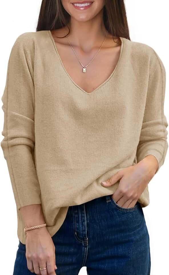 Saodimallsu Womens Fall Sweaters V Neck Long Sleeve Casual Loose Lightweight Soft Pullover Sweater Knit Tops M