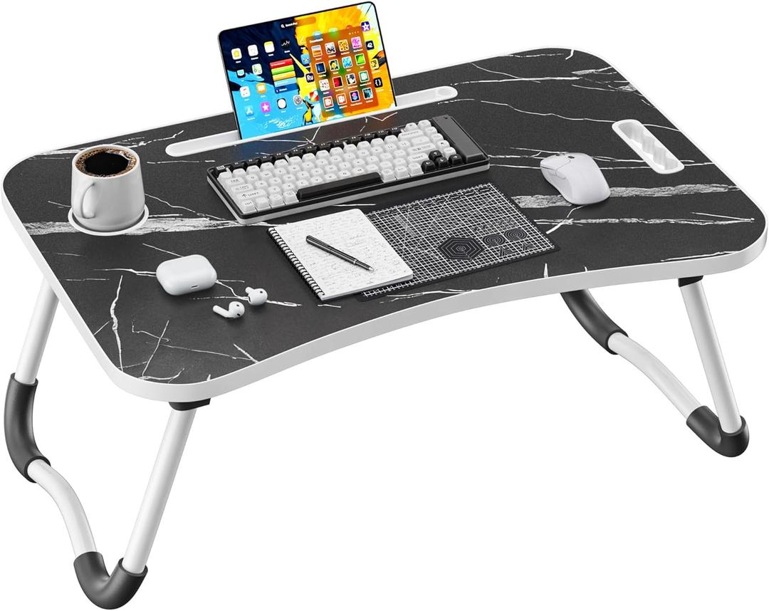 Folding Lap Desk, 23.6 Inch Wood Laptop Bed Desk with Cup Holder, Portable Bed Table for Working Writing Reading & Eating for Bed, Sofa, Couch, Floor - Dark Black