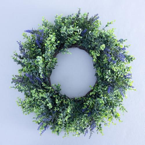 Seasons 22 inch Boxwood Wreath for Front Door, Artificial Spring & Summer Wreath with Greenery Leaf for Farmhouse, Wall, Window or Wedding Home Decor (Lavender)
