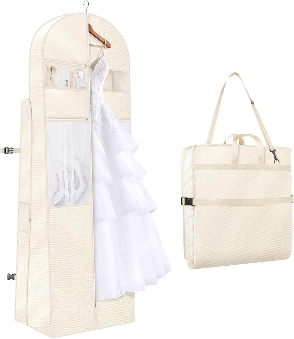 KEEGH 72" Wedding Dress Garment Bag - Tri-Fold Design Bridal Dress Bag with Shoulder Strap & Handle, Heavy-Duty Checkered Oxford Fabric for Long Wedding Gowns & Formal Gown Storage, Beige
