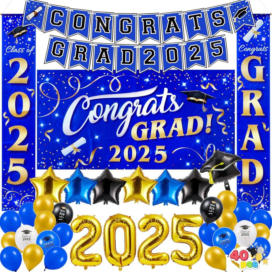 JOYIN Graduation Party Decorations Class of 2025 Blue, Grad Celebration Supplies Set with Backdrop Banner, Porch Sign, Balloons, Foil Number 2025, Hanging Strip for High School College Graduation
