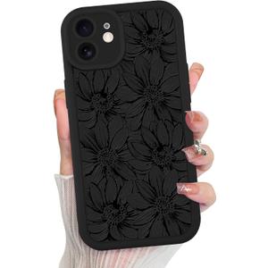 MZELQ for iPhone 12 Case, Silicone Sunflower Floral Flower Cute Pattern, Camera Protection Soft Slim Shockproof for Girls Women -Black