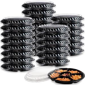 30Pcs Plastic Appetizer Tray with Lid,Heavy Duty Veggie Fruit Snacks Trays,Disposable Food Storage Containers with 6 Divided Compartment,Round Appetizer Serving Tray for Party Buffet Salad Nut