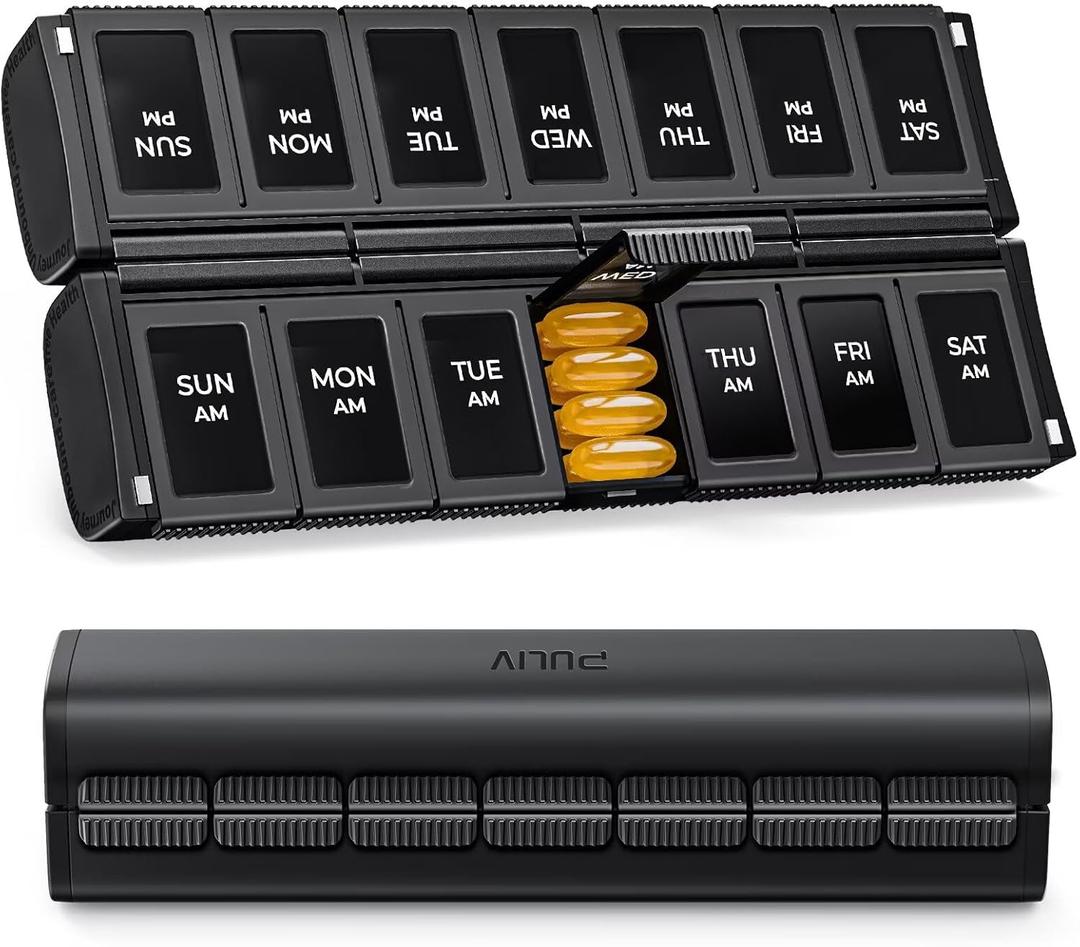 PULIV Weekly Pill Organizer 2 Times a Day with Magnetic Foldable Design for Dual Protection, Large AM PM Pill Box Case for Travel, Compact Medication Organizer for Vitamins, Fish Oils and Supplements