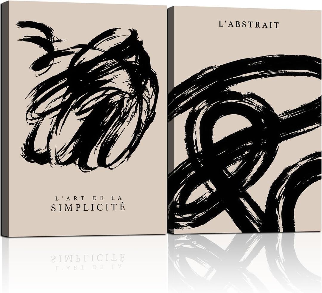 2 Framed Simple Black and White Canvas Wall Art Abstract Prints Modern Gallery Style Posters for Bedroom Living Room Bathroom Office Canvas Decor 24x16 Inch