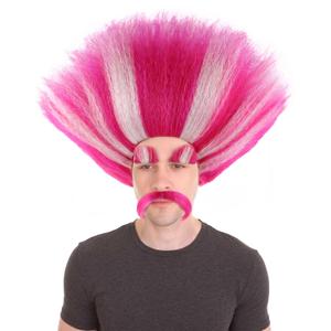 HPO King Troll Wig with Eyebrows and Mustache | Pink with White Stripes Wigs for Teen and Adult Sizes | Halloween Troll Cosplay and Themed Party Wig