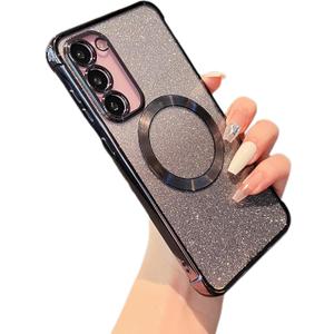 ZTOFERA Clear Magnetic Case for Samsung Galaxy S23 Plus 5G with Gradient Glitter Peice(2 in 1), Luxury Plating Cute Transparent Bling Sparke Case for Women Girls,Shockproof TPU Protector Cover-Black