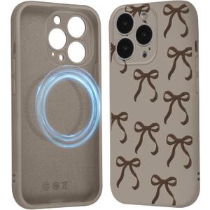 Cute Coquette Bow Phone Case for iPhone 16 Pro Max Magnetic Case 6.9", Compatible with Magsafe, Aesthetic Ribbon Bowknot Pattern Cover Soft Liquid Silicone Protection Women Girls Funda, Brown