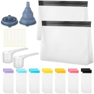 Cosblank 21 Pcs Protein Powder Travel Container Set Reusable Protein Powder Supplement Packets Container to Go Portable Zip up Bags Organizer with Funnels, Spoons and Labels