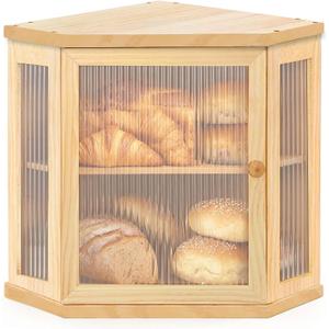 Nykgola Corner Bread Box for Kitchen Countertop Two-Tier Large Capacity Bread Boxes Storage Container with Adjustable Height Countertop Bread Storage Bin (Natural wood color)