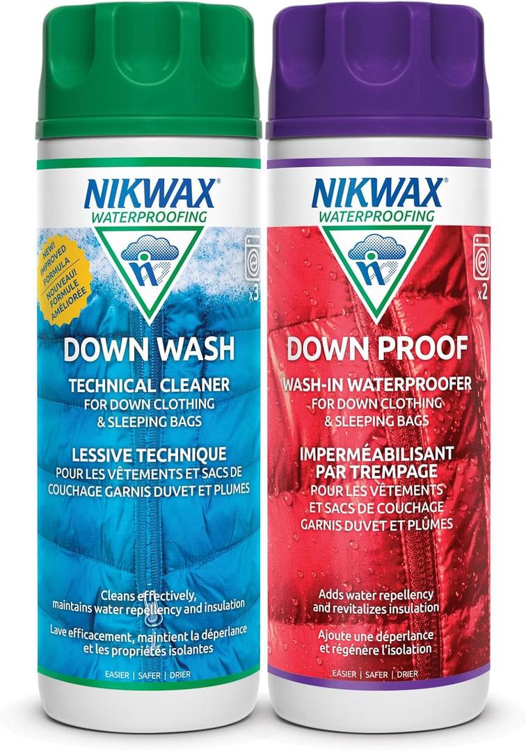 Nikwax Down, Down DUO-Pack, 300ml, Wash-In Cleaning and Waterproofing adds DWR Water Repellency to Down Filled Jackets, Outerwear, Sleeping Bags, Restores and Protects Insulation and Loft, 2 Pack